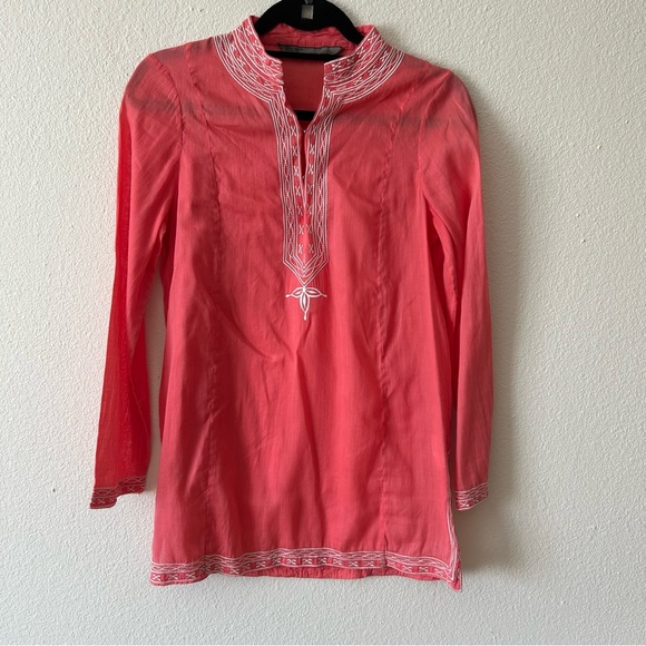 Zara Basic Coral Orange Swim Cover Up Tunic Dress Sz S Caftan White Embroidery - Picture 1 of 11